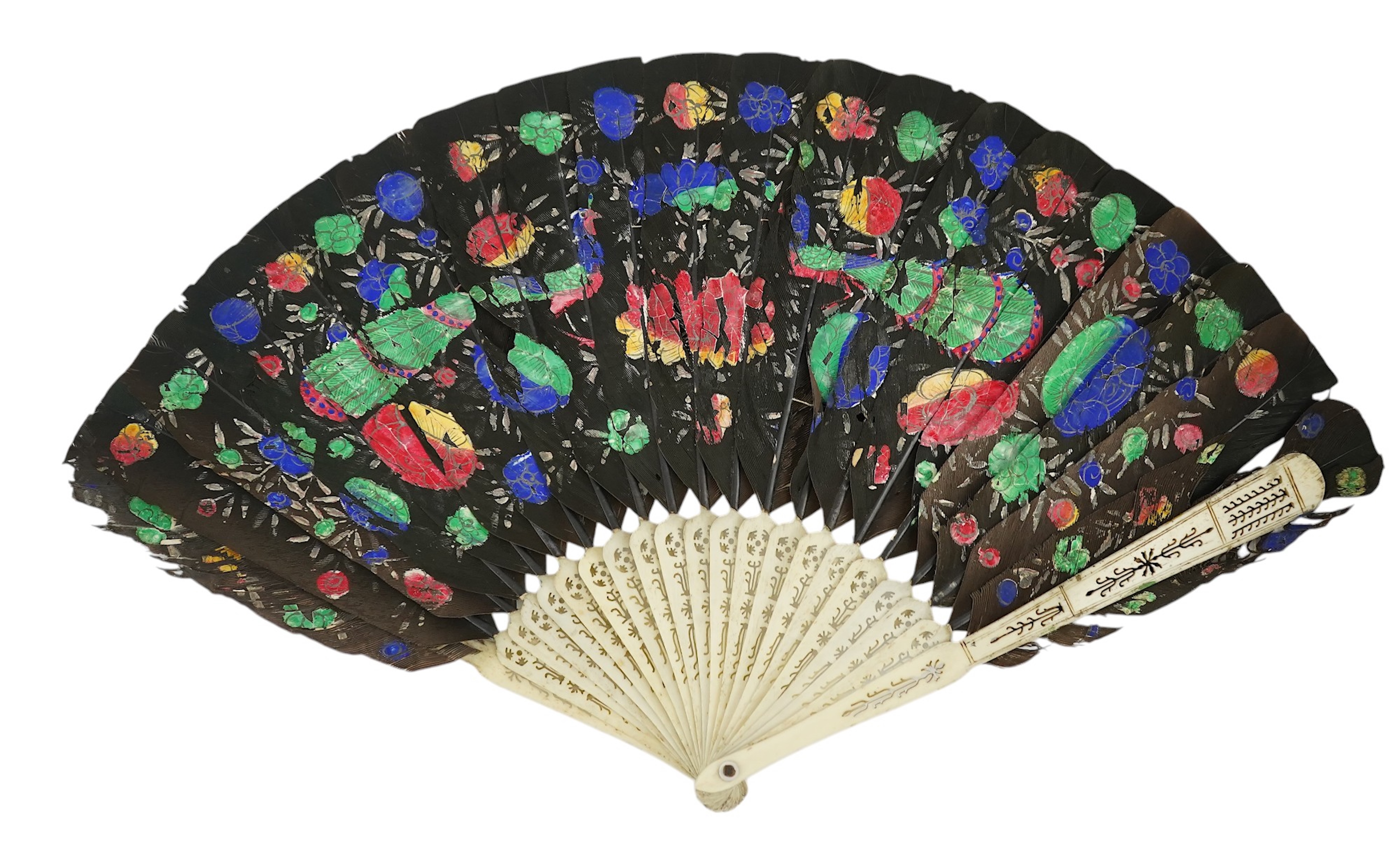 Three 19th century Chinese feather fans: One a carved bone brise black feather fan together with two similar carved sandalwood feather fans, two fans have hand painted decoration on the feathers both sides, the pink feat